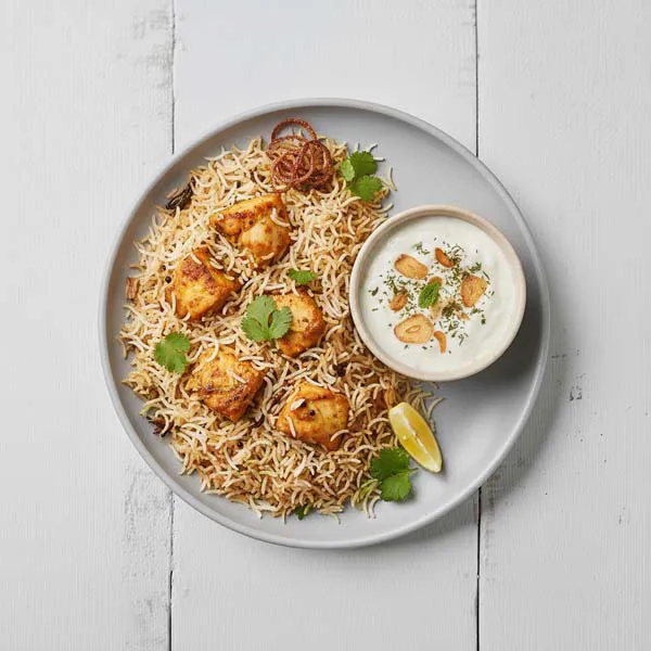 Bhatkal Style Fish Biryani with roasted garlic yogurt